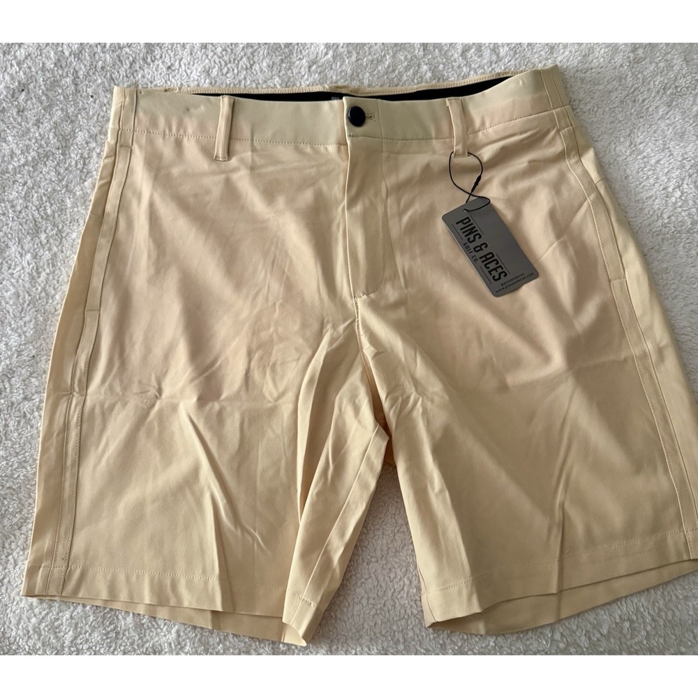 NWT Pins & Aces Golf Shorts Men 36 Butter Yellow Performance 4-Way Stretch NEW